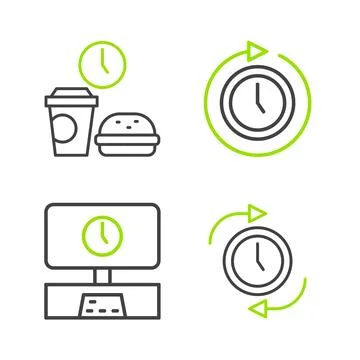 Set line Clock with arrow, Smart Tv time, and Fast food icon. Vector Stock Illustration