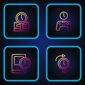 Set line Clock with arrow, Time for book, is money and Gamepad of time. Gradient Stock Illustration
