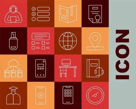 Set line Clock, Audio book, Location, Open, Online quiz, test, survey, USB .. Stock Illustration