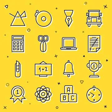 Set line Clock, Award cup, Exam paper with incorrect answers, Fountain pen nib Stock Illustration