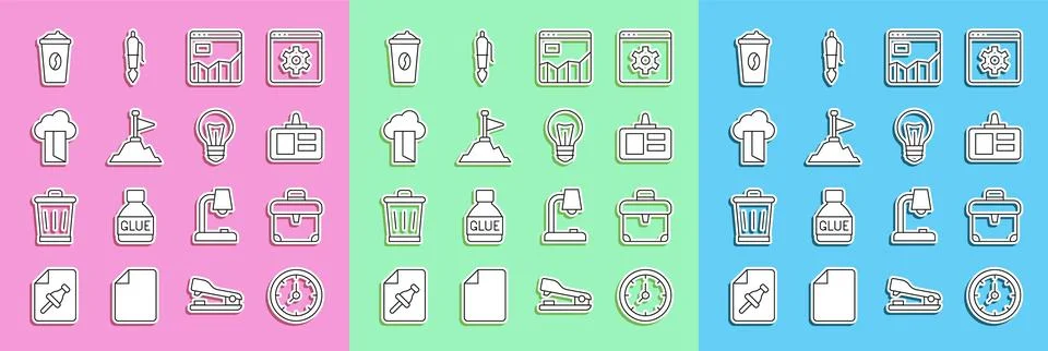 Set line Clock Briefcase Identification badge Graph chart infographic Mountai Stock-Illustration