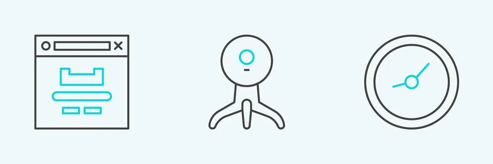 Set line Clock, Browser window and Web camera icon. Vector Stockillustratie