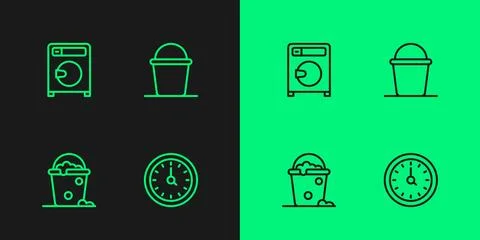 Set line Clock, Bucket with foam and bubbles, Washer and  icon. Vector Illustrazione stock