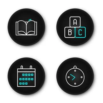 Set line Clock, Calendar, ABC blocks and Open book icon. Vector Illustrazione stock