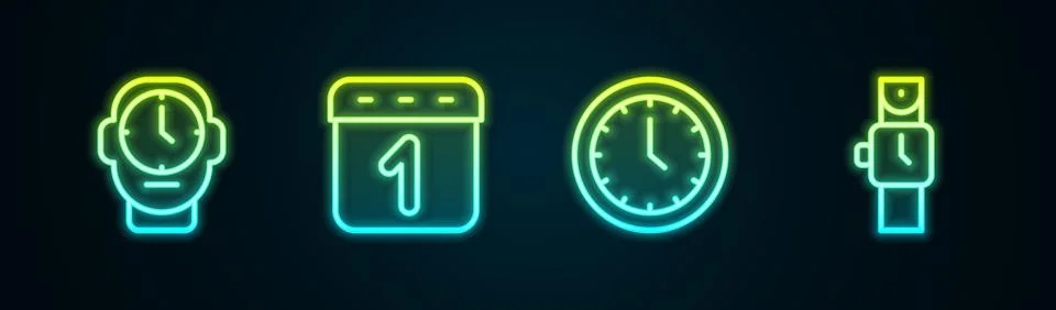 Set line Clock, Calendar,  and Wrist watch. Glowing neon icon. Vector Illustrazione stock