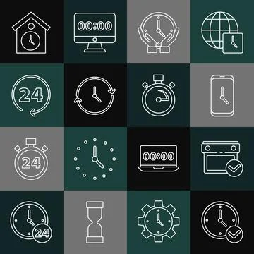 Set line Clock, Calendar with check mark, Alarm clock app mobile, 24 hours Stock Illustration