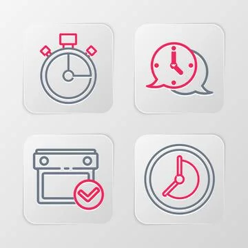 Set line Clock, Calendar with check mark, speech bubble and Stopwatch icon Stock Illustration