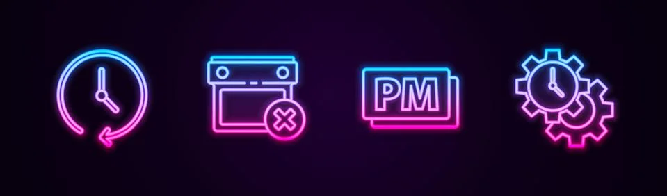 Set line Clock, Calendar date delete, PM and Time Management. Glowing neon icon Stock Illustration