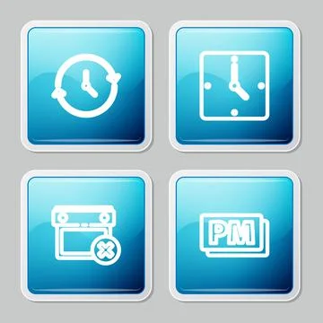 Set line Clock, , Calendar date delete and PM icon. Vector Stock Illustration