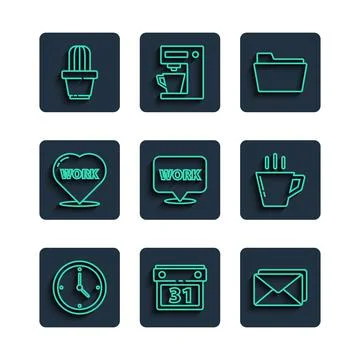 Set line Clock, Calendar, Envelope, Document folder, Location with text work Illustrazione stock