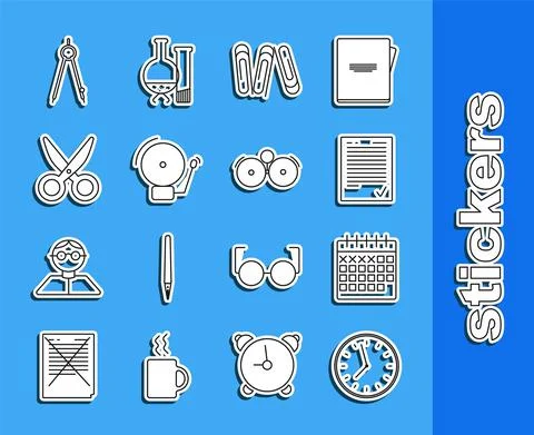 Set line Clock, Calendar, Exam sheet with check mark, Paper clip, Ringing alarm Illustrazione stock