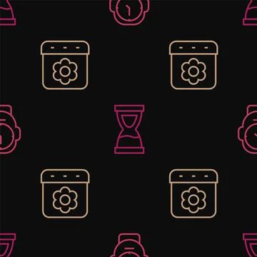 Set line Clock, Calendar spring and Old hourglass on seamless pattern. Vector Stock Illustration