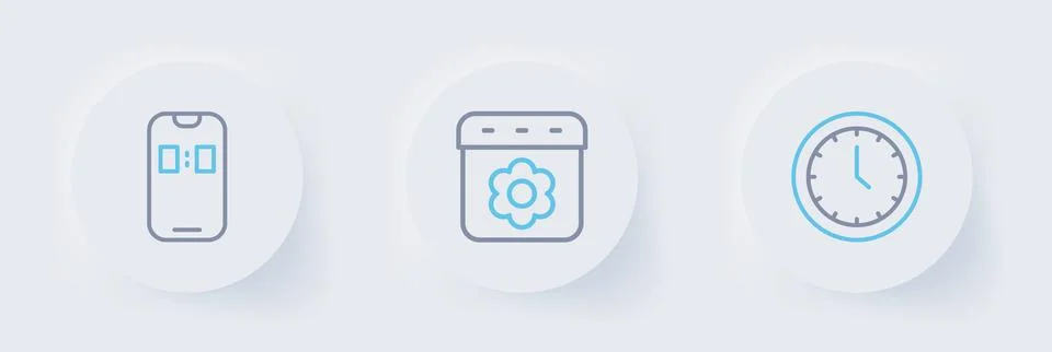 Set line Clock, Calendar spring and Alarm clock app mobile icon. Vector Illustrazione stock