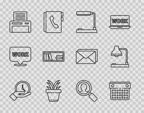 Set line Clock, Calendar, Table lamp, Plant in pot, Printer, Shelf with books Stock Illustration