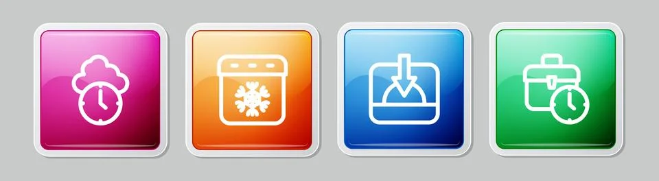 Set line Clock, Calendar winter, Sunset and Work time. Colorful square button Stock Illustration