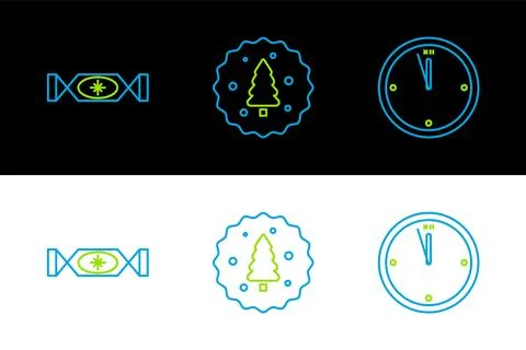 Set line Clock, Candy and Cookie or biscuit with chocolate icon. Vector Stock Illustration