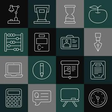 Set line Clock, Certificate template, Fountain pen nib, Old hourglass, Exam Stock Illustration