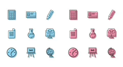 Set line Clock, Chalkboard, Calculator, Earth globe, Test tube and flask ch.. Stock Illustration