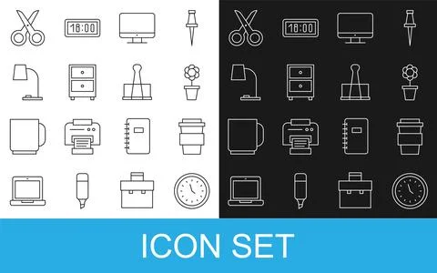 Set line Clock, Coffee cup to go, Flower in pot, Computer monitor screen, Drawer Ilustración de archivo