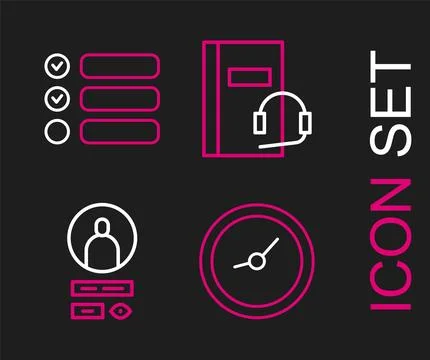 Set line Clock, Create account screen, Audio book and Task list icon. Vector Stockillustratie