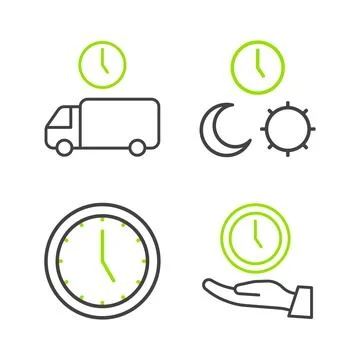 Set line Clock, Day and night with time and Delivery icon. Vector Stock Illustration