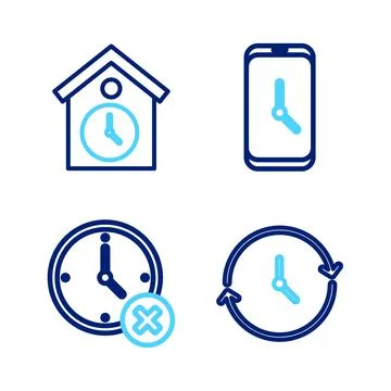 Set line Clock, delete, Alarm clock app mobile and Retro wall watch icon. Vector Stock Illustration