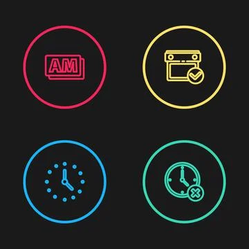 Set line Clock, delete, Calendar with check mark and AM icon. Vector Illustrazione stock