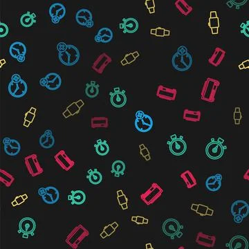 Set line Clock delete, Stopwatch, Smartwatch and Digital alarm clock on seamless Illustrazione stock