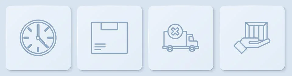 Set line Clock, Delivery cargo truck vehicle, Carton cardboard box and hand with Illustrazione stock