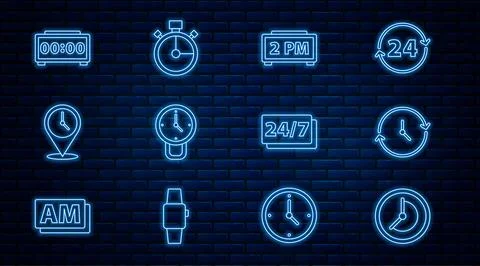 Set line Clock, Digital alarm clock, Location with, 24 hours and Stopwatch icon Illustrazione stock