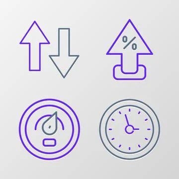Set line Clock, Digital speed meter, Percent up arrow and Arrow icon. Vector Stock Illustration