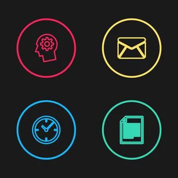 Set line Clock, Document, Envelope and Human head with gear inside icon. Vector イラスト素材