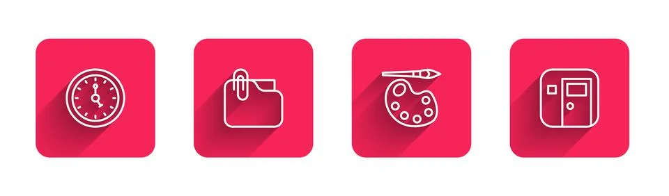 Set line Clock, Document folder with clip, Paint brush palette and School Stock Illustration