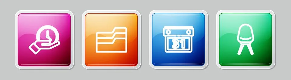 Set line Clock, Document folder, Calendar and Office chair. Colorful square b 스톡 일러스트