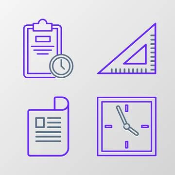 Set line Clock, Document, Triangular ruler and Exam sheet with clock icon. .. Illustrazione stock