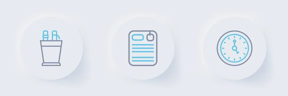 Set line Clock, Dossier folder and Pencil case stationery icon. Vector Stock Illustration