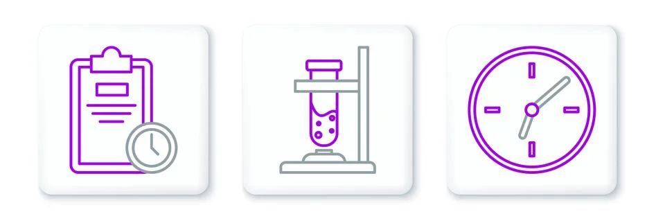 Set line Clock, Exam sheet with clock and Glass test tube flask on fire icon 库存插图