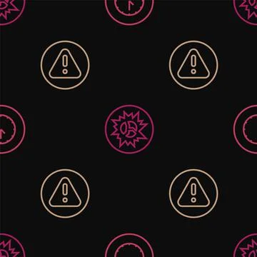 Set line Clock, Exclamation mark in triangle and Bomb explosion on seamless Stock Illustration