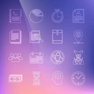 Set line Clock, Face recognition, Cash location pin, Stopwatch, Document with Stock Illustration