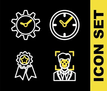 Set line Clock, Face recognition, Medal with star and Time Management icon... Illustrazione stock