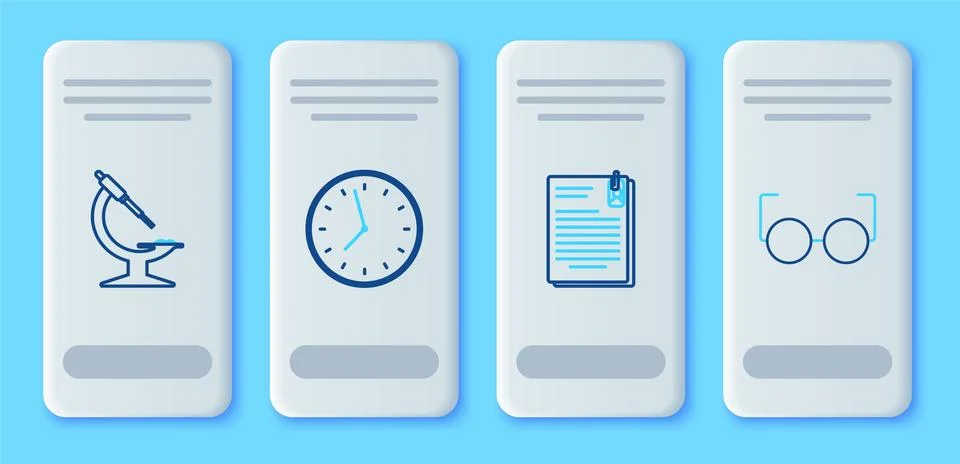 Set line Clock, File document and paper clip, Microscope and Glasses icon. .. Stock Illustration