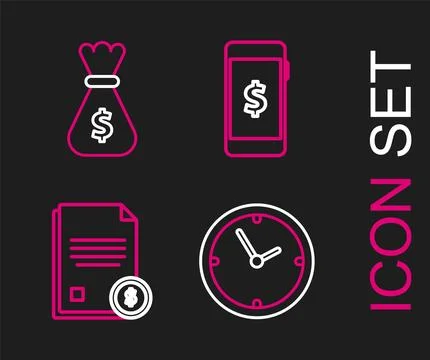 Set line Clock, Finance document, Smartphone with dollar symbol and Money b.. Stock Illustration