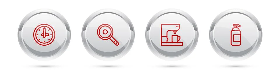 Set line Clock, Frying pan, Coffee machine and Antibacterial soap. Silver cir Stock Illustration