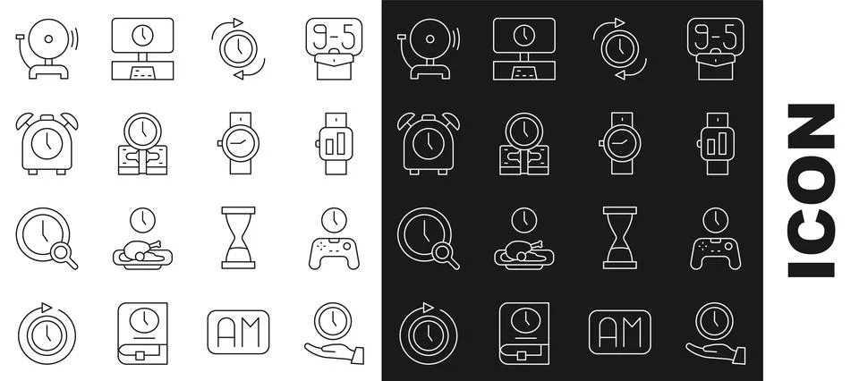 Set line Clock, Gamepad of time, Smartwatch, with arrow, Time is money, Alarm Illustrazione stock