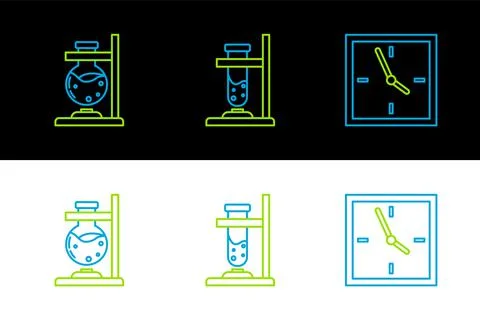 Set line Clock, Glass test tube flask on fire and  icon. Vector 스톡 일러스트