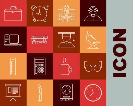 Set line Clock, Glasses, Microscope, School building, Office folders with papers Stockillustratie