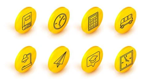 Set line Clock, Graduation cap in speech bubble, Paper airplane, Table lamp.. Illustrazione stock