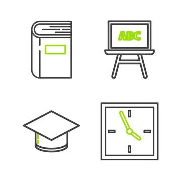 Set line Clock, Graduation cap, Chalkboard and Book icon. Vector 스톡 일러스트