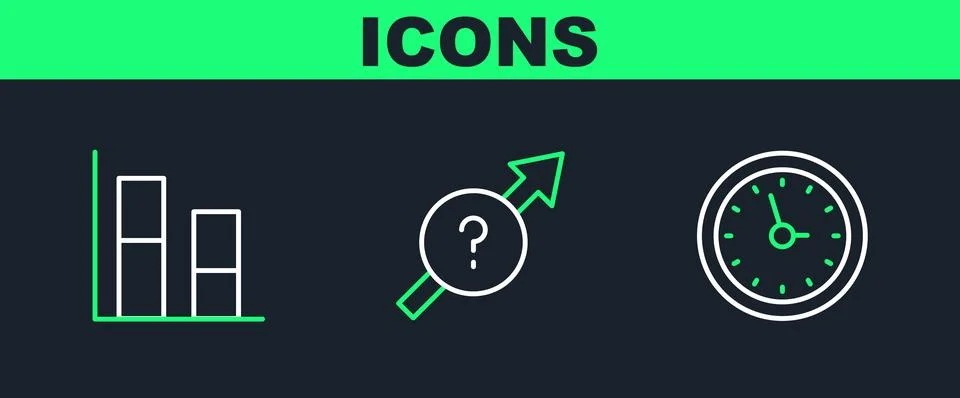 Set line Clock, Graph, chart, diagram and Arrow icon. Vector Illustrazione stock