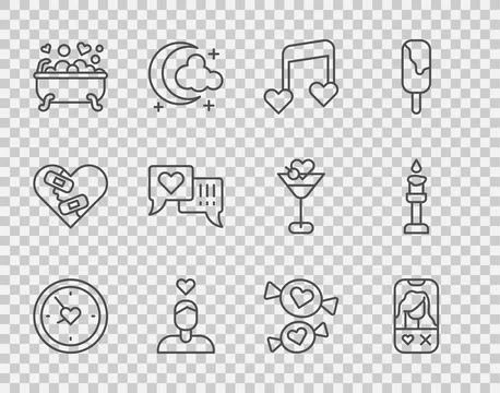 Set line Clock with heart, Dating app online, Music note, tone hearts, Coup.. Stock Illustration